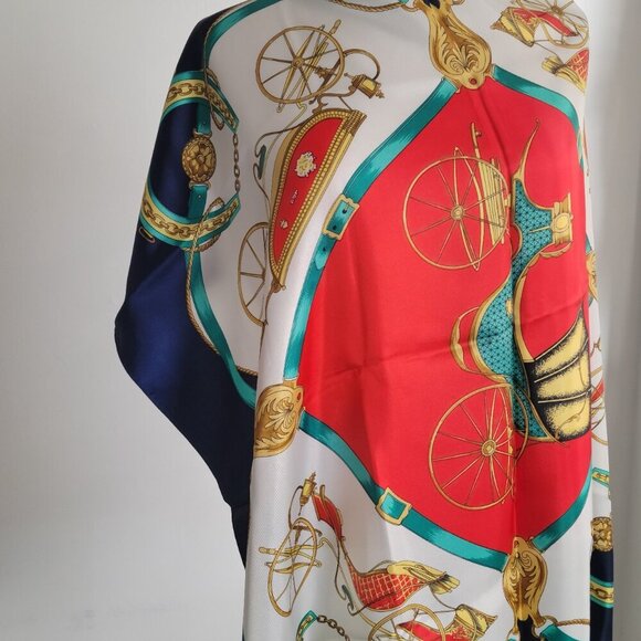 Vintage Equestrian Horse Carriage Blue Red & Gold 100% Silk Scarf - Picture 10 of 13